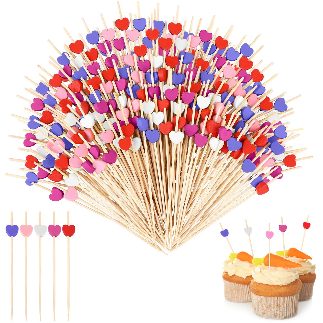 200 Pieces Valentine's Day Classic Color Heart Cocktail Picks 4.72 Inch Wooden Toothpicks Cocktail Skewers Appetizers Picks Party Supplies for Birthday, Wedding, Baby Shower